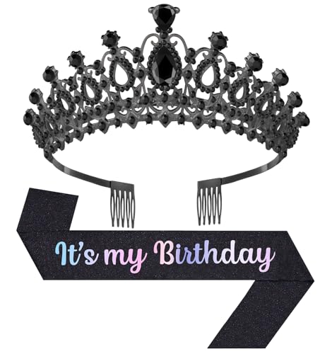 Birthday Tiara and Crown with Sash, Birthday Tiara for Women Party (Black)