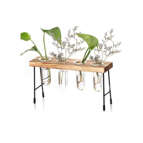 Innjoii Desktop Plant Planter Propagation Station Glass Flower Pot Small Bench with Retro Solid Wood 4 Test Tube Vase Metal Holder for Hydroponics Wedding Indoors Home Office Garden Decor Cafe Desk