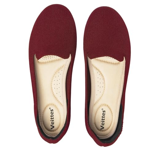 Veittes Women's Wide Width Flats Shoes, Soft Knitted Breathable Plus Size Ladies Slip on Office Ballet Shoes.(2205003-2,WR/FK,6.5 UK)