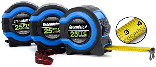 Greendale - 3 Pack Of 25Ft Tape Measures I Fractions To 1/8Th In. I Magnetic Tip I Retractable I Tough Abs Shell I Quick Lock I Thumb Lock I Wrist Lanyard I Extends 25 Feet #TOP10