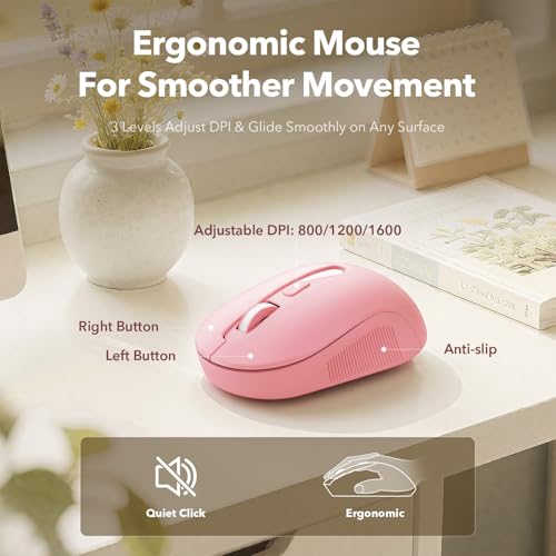 Image of Wireless Keyboard and Mouse Combo, Cute Retro Typewriter Keyboard with Round Keycaps, Full-Size Aesthetic Keyboard with Magnetic Wrist Rest, 2.4GHz USB for Windows /Mac Desktop Laptop(Pink Multi-Color)