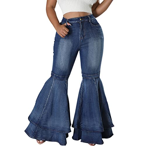 Conshvi Women's High Waisted Bell Bottom Jeans Layered Ruffle Patchwork Wide Leg Flare Denim Pants
