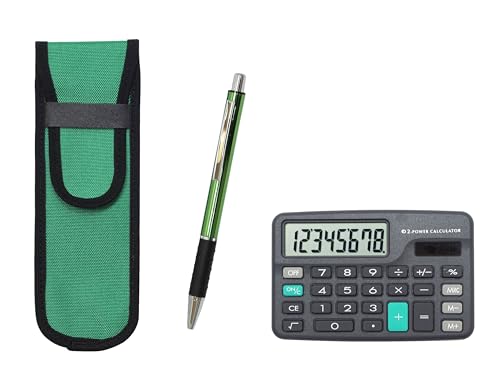 ミニ電卓付 布ペンケース緑 メタル&ピッチグリップボールペンセット 緑 T23-D-NK02G-WZ2067BP-G