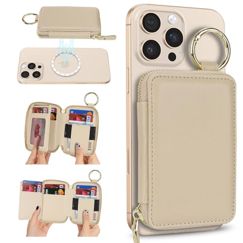 Image of Compatible with MagSafe Wallet,Magnetic Phone Wallet Card Holder for iPhone 17 /16 Pro Max /15 plus /14 Pro /13 /12 Series,PU Leather Zipper Pocket Adjustable Stand-Beige
