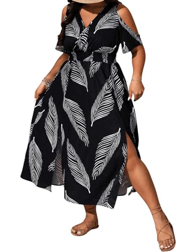 Floerns Women's Plus Size Cold Shoulder Tropical Print V Neck Flared A Line Long Dress4