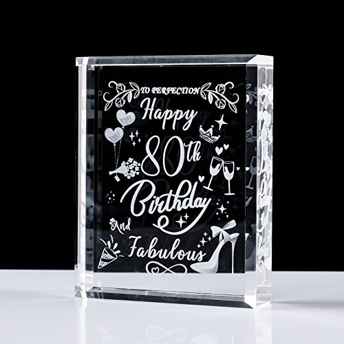 Cadeau d'anniversaire en cristal pour femme, gravé au laser « Happy 80th Birthday » et fabuleux, plaque en verre souvenir pour elle - Décoration d'intérieur Cover