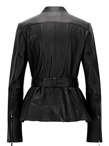 Belle Black Blazar Trench Coat Belted Peplum Real Leather Jacket Women2