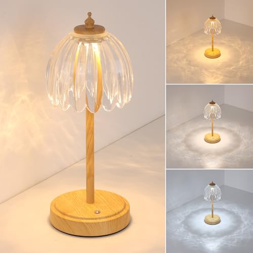Image of Shenmoyl Tulip Table Lamp with 5200mAh Battery & Touch Control, Small Cordless Table Lamp with 3 Colors, Rechargeable Battery Operated Table Lamps for Bedroom, Desk, Bedside (Transparent-Beech Color)