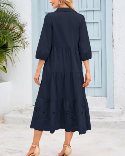 Image of Women Button Down Maxi Shirt Dress Long Sleeve Flowy Tiered Collared Dresses with Pockets