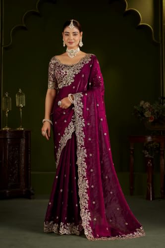Image of DESTY Saree with Intricate Gold Embroidered Border & Designer Blouse