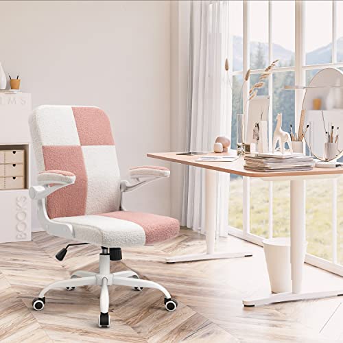 Seatzone Ergonomic Office Chair Velvet Fabric Desk Chairs Computer Chair With Wheels And Flip-Up Arms,Swivel Task Chair For Women,Girls Pink&White #TOP1