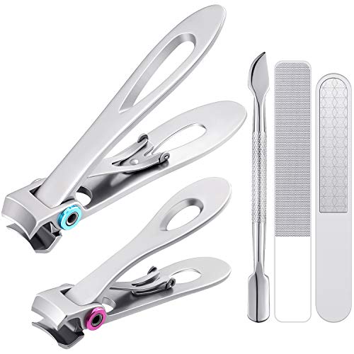 5 Pieces Nail Clippers Set, Include Oversized Thick Nail Clipper, Glass Nail File, Cuticle Pusher and Stainless Steel Toenail Fingernail Clipper Cutter Trimmer for Thick Toenails or Tough Fingernails