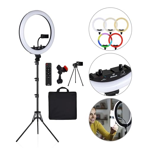 La mejor comparación de Iluminación LED profesional del mes. 37 Divitech Aro de Luz LED RGB 18 Pulgadas con Maletín y Trípode Ajustable Iluminación Profesional para Fotografía, Video y Maquillaje.