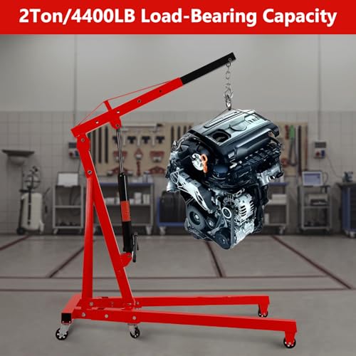 2 Ton Folding Engine Crane Engine Hoist Cherry Picker Ship Crane Heavy Duty Steel Lift Garage Workshop Auto Repair Foldable Stand 6 Caster (Red)