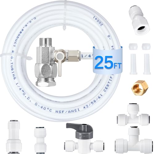 Refrigerator Water Line Kit - Food Grade Fridge Ice Maker Water Installation Kit,1/4 In O.D. 25 FT Water Tubing with Feed Water Adapter and Quick Fittings for RO Filter System,Refrigerator,Ice Maker