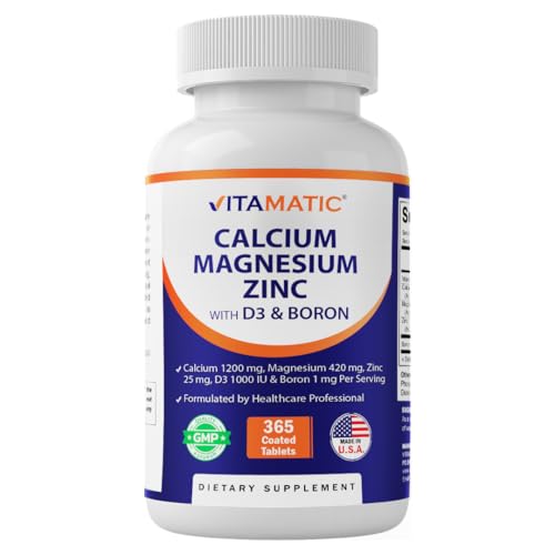 Vitamatic Calcium Magnesium Zinc D3 Boron | 365 Coated Tablets Supplement | Calcium 1200 mg, Magnesium 420mg, Zinc 25mg, Vitamin D3 1000 IU, Boron 1 mg | Non-GMO | Gluten Free | Made in USA