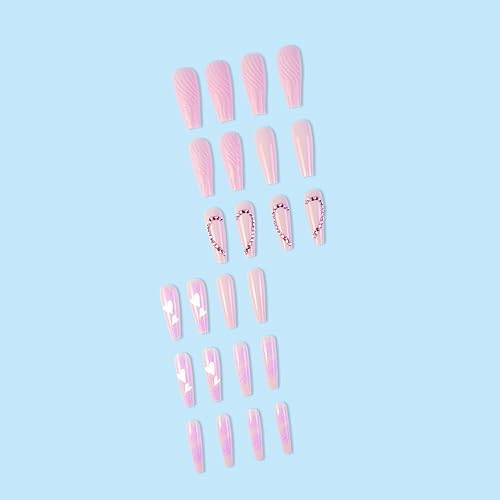 Miniatura 3 de Uñas postizas largas a presión, uñas postizas cuadradas de punta francesa blanca con diseños 3D, dijes de mariposa y diamantes de imitación, uñas