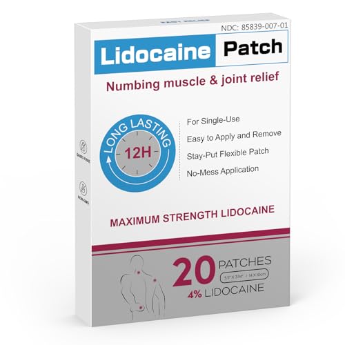 Teemofe Lidocaine Pain Relief Patch | Maximum Strength Pain Patches for Muscle Relief in Neck Knee Back and Shoulders |12 Hour Long Lasting Relief Pains | 20 Count-568