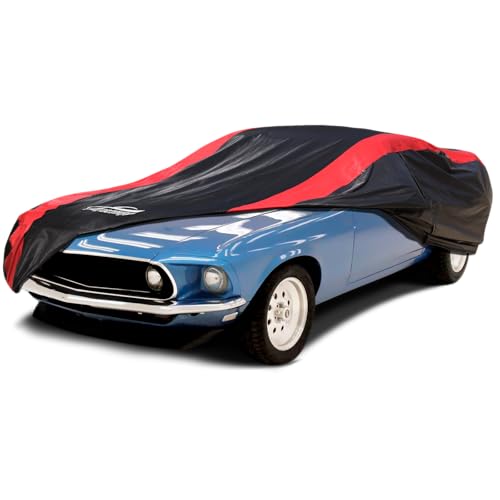 Image of Car Cover Custom Fit for Ford Mustang 1969-1973 Mach 1, Boss 302 & Boss 429 | Red Strip Design, Cotton Liner for Paint Protection, Sun Rain Snow UV Proof, Door Zipper, Windproof Buckle, Storage Bag