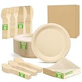 Eco-Friendly MZL Bamboo 250-teiliges Biologisch Abbaubares Partyservice - 7 Zoll runde Teller, Gabel, Messer, Löffel mit 33x33 cm Servietten, kompostierbar & leicht, Einweg-Geschirrset