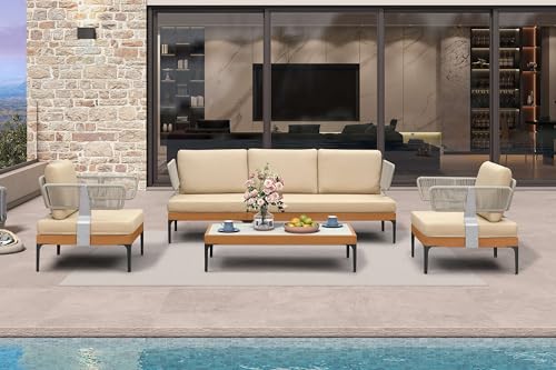 Image of PURPLE LEAF Patio Furniture Set Outdoor Conversation Sets with Fade-Resistant Cushions and Pillows 6 Pieces Aluminum Modern Wicker Sofa Chairs Plus Coffee Table for Balcony Yard Garden, Khaki