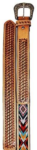 Western Antique Basket Weave Tooled Beaded Full-Grain Leather Belt 26FK533
