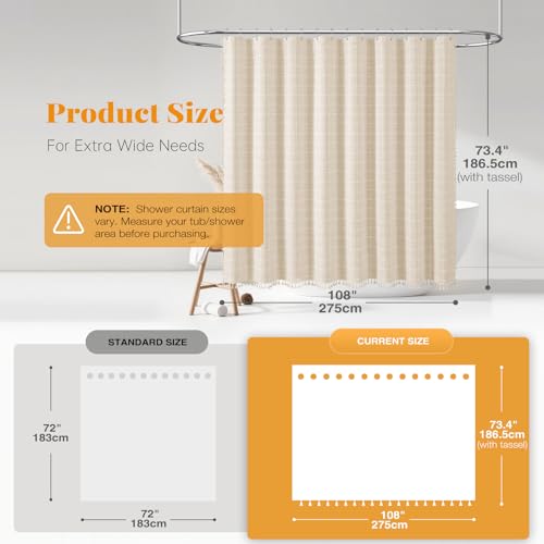 Image of BTTN Extra Wide Shower Curtain - 108x72 Inch Boho Farmhouse Fabric Heavy Duty Shower Curtain Set with 18 Hooks, Large Linen Neutral Cloth Shower Curtains for Bathroom and Clawfoot Tub, Cream /Beige