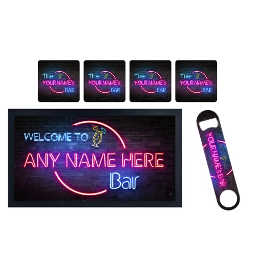 ShopQuality4U Personalise Bar Runner Mat, add-ons Bottle Opener, Drinks Coasters, Drip Mat, Shot Glasses | Beer Gifts Home Bar Accessories for Pub Bars Man Cave Him Her | ADD ANY NAME/TEXT Neon Effect
