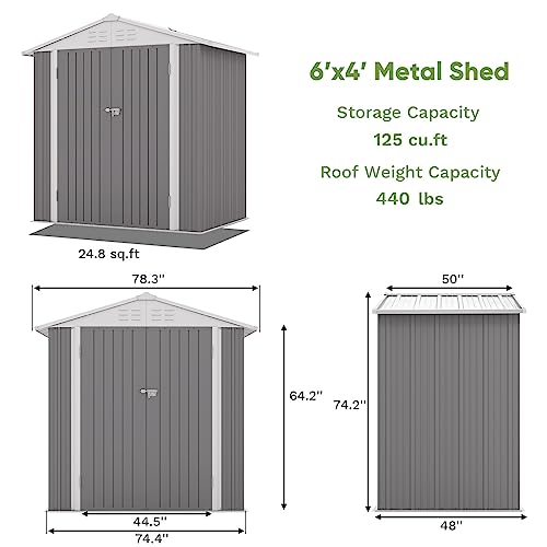 Image of Patiowell 6x4 FT Outdoor Storage Shed, Metal Outdoor Sheds with Vents&Lock | Water-Resistance Garden Shed of Galvanized Steel for Lawn, Patio, Backyard Garden Tools, Bikes, Gray