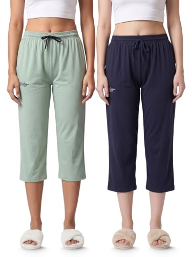 Image of Fflirtygo Women's Cotton Plain Calf Length Capri | Nightwear Short Pyjama | 3 /4th Solid Pyjama Pant | Regular Fit Casual & Lounge Wear Capri Combo (Pack of 2)