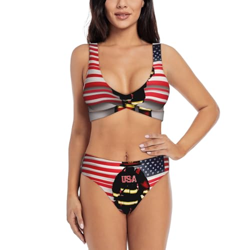 Maillot de bain 2 pièces ventre plat femme rayé rouge drapeau américain