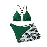 Teen Girls 3 Piece Crossback Bikini Swimsuit Kids Fashion Palm Tree Print Tummy Control Swimwear Cute Comfy Bathing Suit (Green, 9-10 Years)