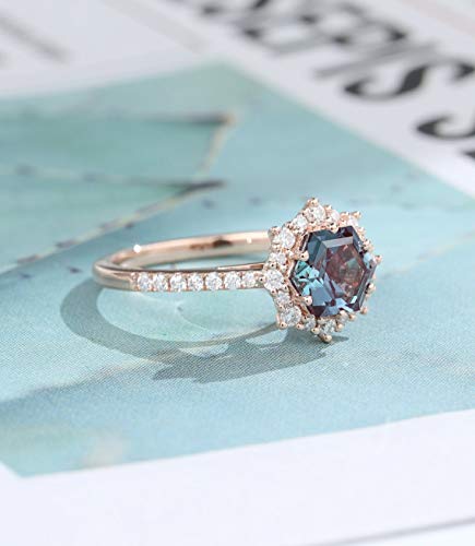 Vintage Alexandrite engagement ring rose gold ring moissanite ring wedding ring Unique Bridal ring Anniversary ring Dainty ring gift for her Christmas gift Antique hexagon Art deco Halo Ring Milgrain