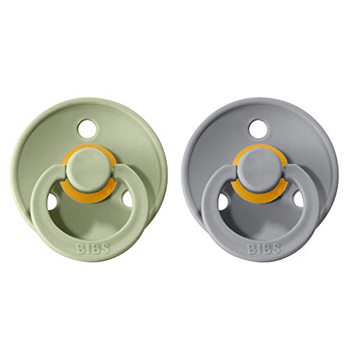Image of BIBS Pacifiers Colour Collection | Natural Rubber Baby Pacifier | Round Nipple | Set of 2 BPA-Free Soothers | Made in Denmark | 6+ Months (Pack of 2) | Sage /Cloud