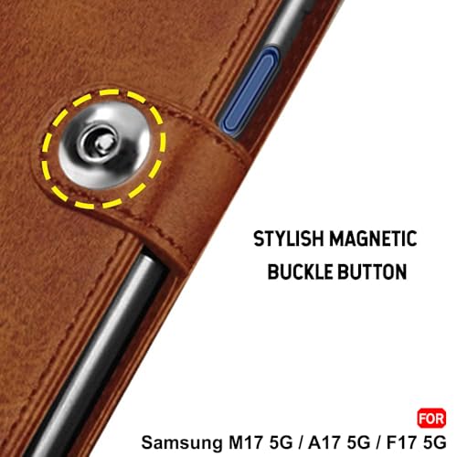 Image of TheGiftKart Flip Cover Back Case for Samsung Galaxy M17 5G / A17 5G / F17 5G | Genuine Leather Finish | Designer Button | Inbuilt Pockets & Stand | Flip Cover Back Cover Case (Faux Leather, Brown)