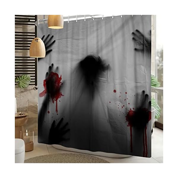 Bovlleetd Halloween-Duschvorhang Blut Handabdruck Geisterschatten Badezimmervorhang wasserdicht Halloween-Dekorationen Badewannen-Dekoration mit Haken Baddekoration Vorh盲nge 152x183cm – Bild 6