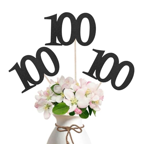10-Pack Double Sided Glitter 100th Birthday Centerpiece Anniversary Centerpiece Sticks, Number 100 Table Topper Cake Topper for 100th Birthday Anniversary Table Party Decorations (Double Sided black)