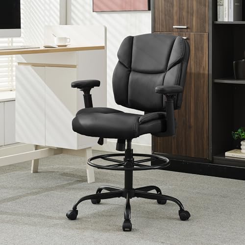 Image of Okeysen Drafting Chair Standing Desk Chair, 500 LBS Leather Big and Tall Office Chair with Adjustable Armrests & Foot Ring, Modern Tall Desk Chair with Mid Back, Swivel Rolling Drafting Stool.