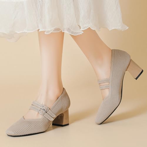 HROYL Women Knit Shoes Low Heel Dress Pumps Chunky Heel Mary Jane Work Party Shoes,Model 569-13