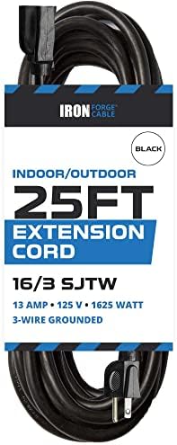 Iron Forge Cable 25 Ft Outdoor Extension Cord - 16/3 Durable Black Cable with 3 Prong Grounded Plug for Safety
