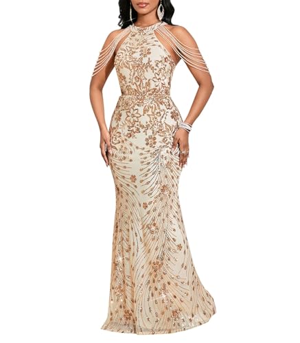 Image of Cololura Women Sequin Halter Tassel Mermaid Formal Maxi Dress Evening Gown