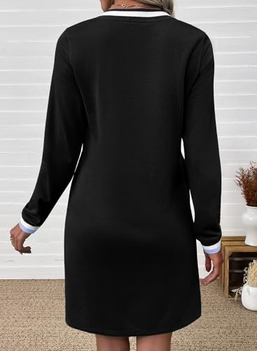 EVALESS Womens Dresses 2025 Fall V Neck Long Sleeve Casual Tshirt Dress Spring Contrast Striped Sweatshirt Dress4