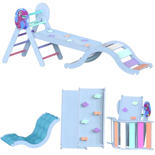 Image of Acenova Pikler Triangle Climbing Set with Cushion and DIY Name Stickers, Montessori Wooden Climbing Gym for Toddlers 1-3, Indoor Jungle Gym, Dinosaur Pikler Triangle Arch Ramp Climber Toy