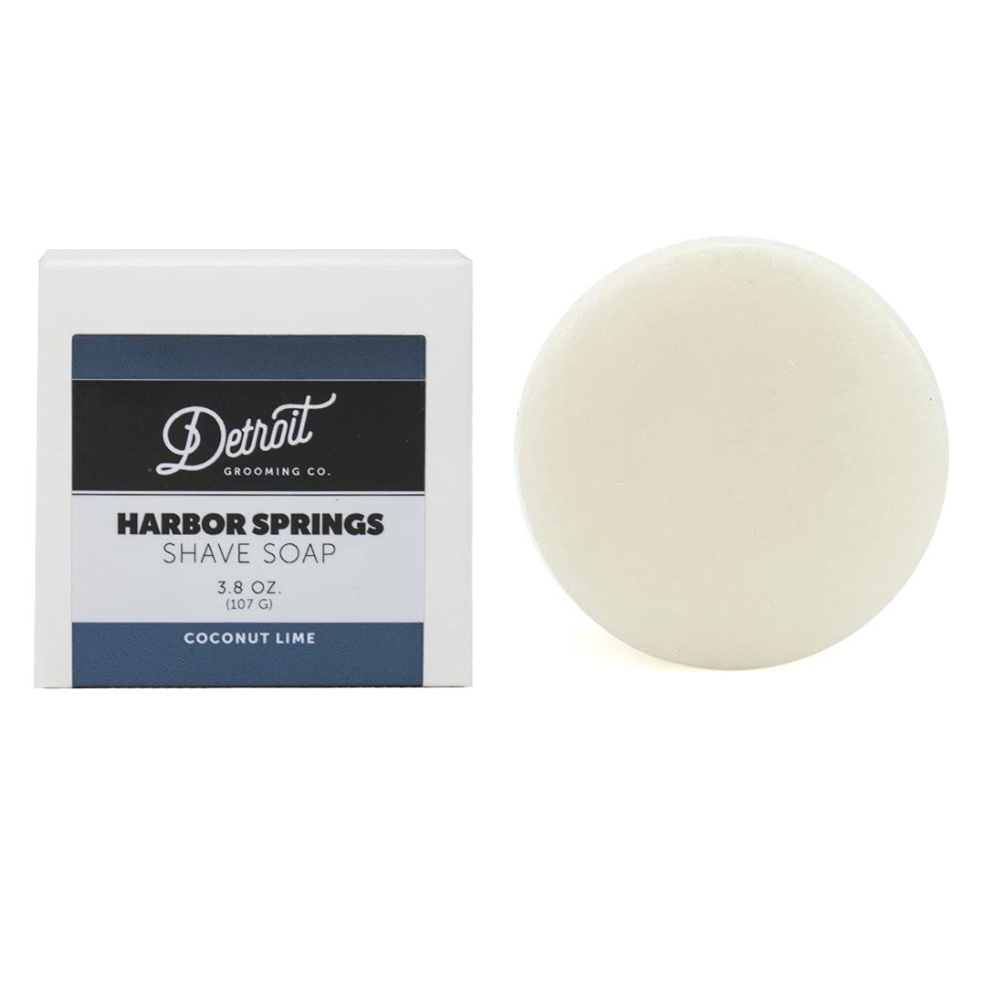 Detroit Grooming Co. Shave Soap - Harbor Springs - Coconut Lime Scent - All Natural, Moisturizing Shaving Puck for Men (3.8oz) Protects, Refreshes Skin - Lasting Lather Ensures Smooth, Close Wet Shave