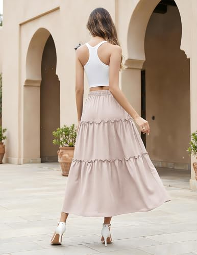 Aprolive Womens Summer Maxi Skirt Drawstring Elastic High Waist Skirt Tie Long Skirts A-Line Skirts Flower Boho Dress 2026 Clothes(1-Tan,Large) — view 3