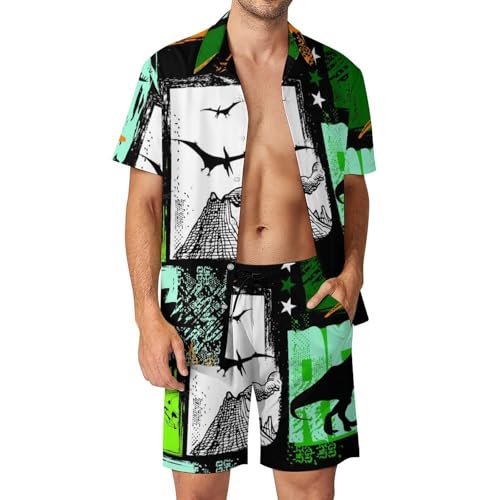 Chemise Hawaïenne Homme avec Short et Pantalon de Plage Ensemble Été 2 Pièces Color Dinosaur S