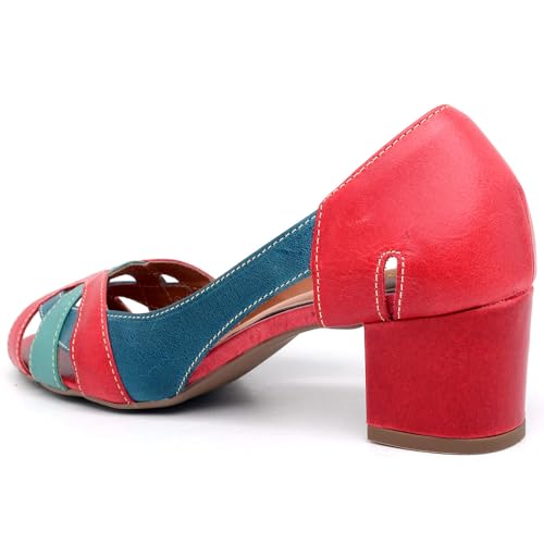 Sapato Peep Toe Feminino em Couro Aberta Salto Baixo Grosso Linha Conforto Moda Casual