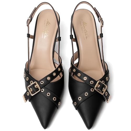 Mostrin Slingback Kitten Heels for Women Studded Heeled Pumps Pointed Closed Toe Heels Vintage Stiletto Pumps Shoes4