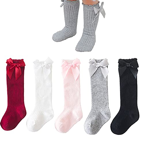 Baby Girls Knee High Socks 5 Pack Infant Toddler Tube Ruffled Long Socks Sewn Bow Baby Stockings for Baby Girl