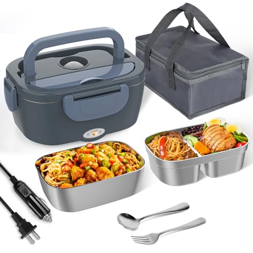 Akhia Electric Lunch Box, Heated Lunch Box for Men with 2 Stainless Steel Container, 1.5L Portable 80W Food Warmer Lunch Box for Car/Truck, 110V/12V/24V/240V Valentine's Day Gifts Birthday Gifts